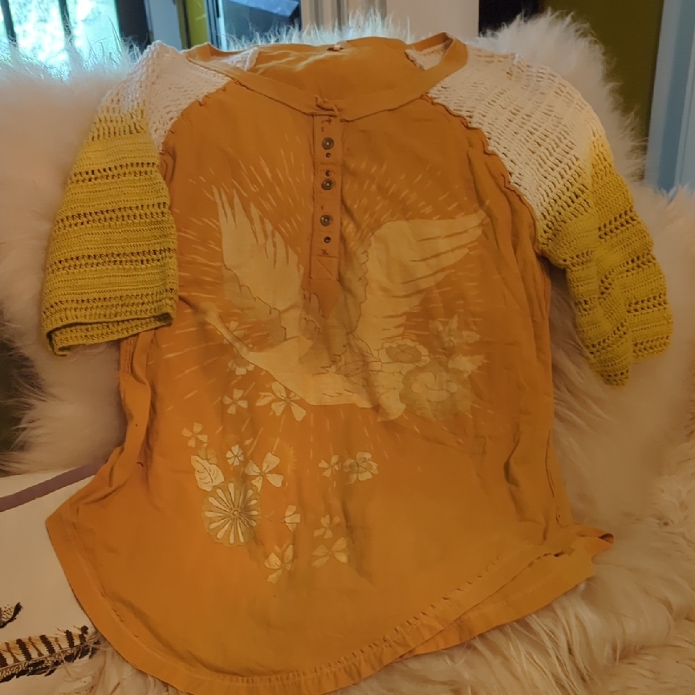 Free People Yellow Graphic Shirt with Crochet Sleeves
